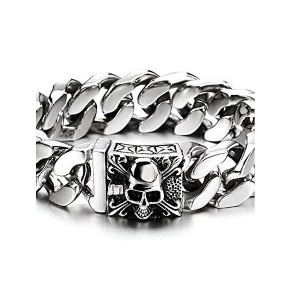 Stainless Steel Curb Chain Bracelet Men Large Skull
